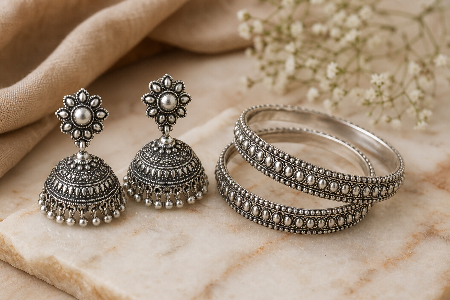 Temple Craft Silver Jhumka Earrings